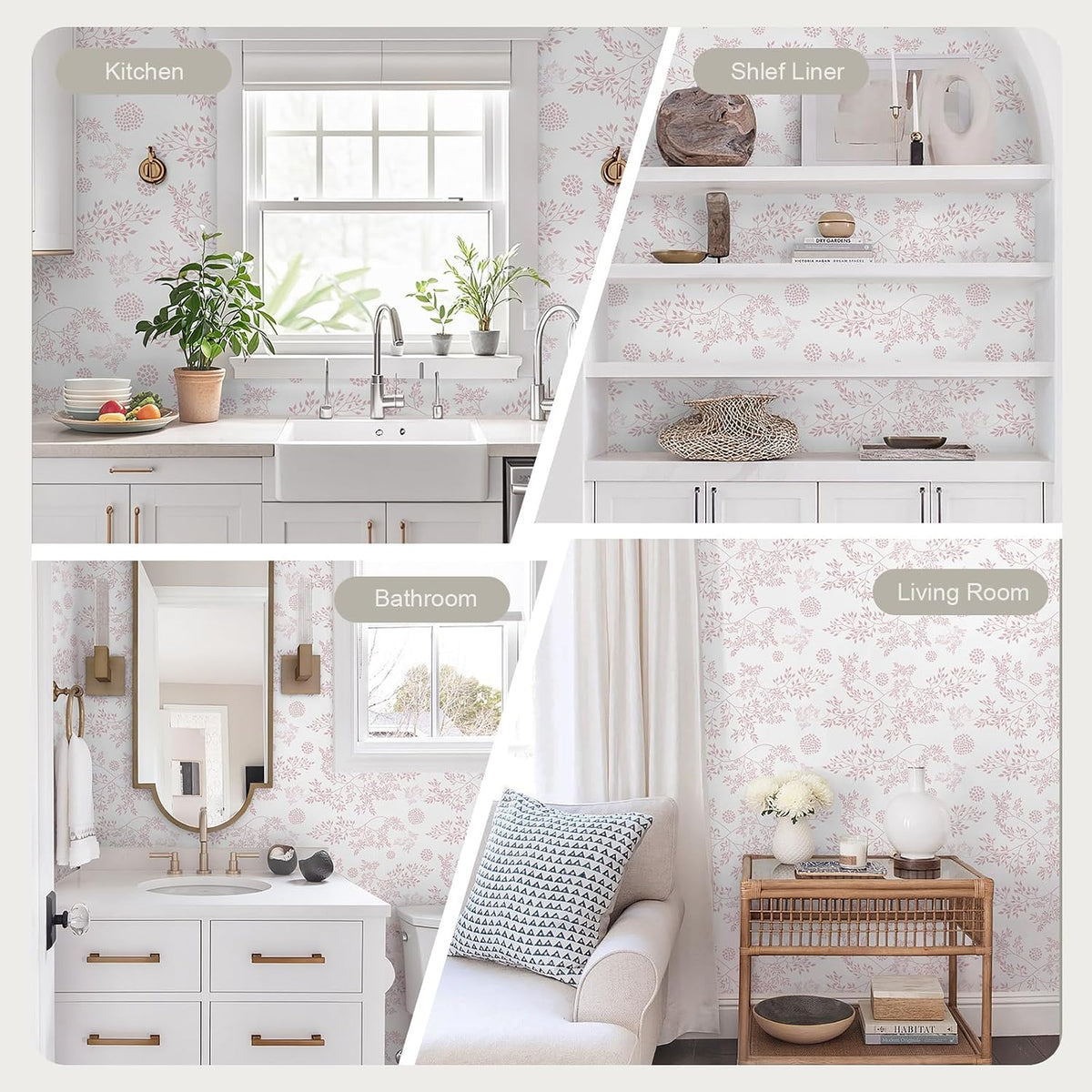 Heroad Boho Peel and Stick Wallpaper Pink Floral Contact Paper 17.3"x78.7" Leaf Wall Paper Removable Self Adhesive Wallpaper for Cabinet Bathroom Waterproof Nursery Decor Vinyl Papel Tapiz para Pared