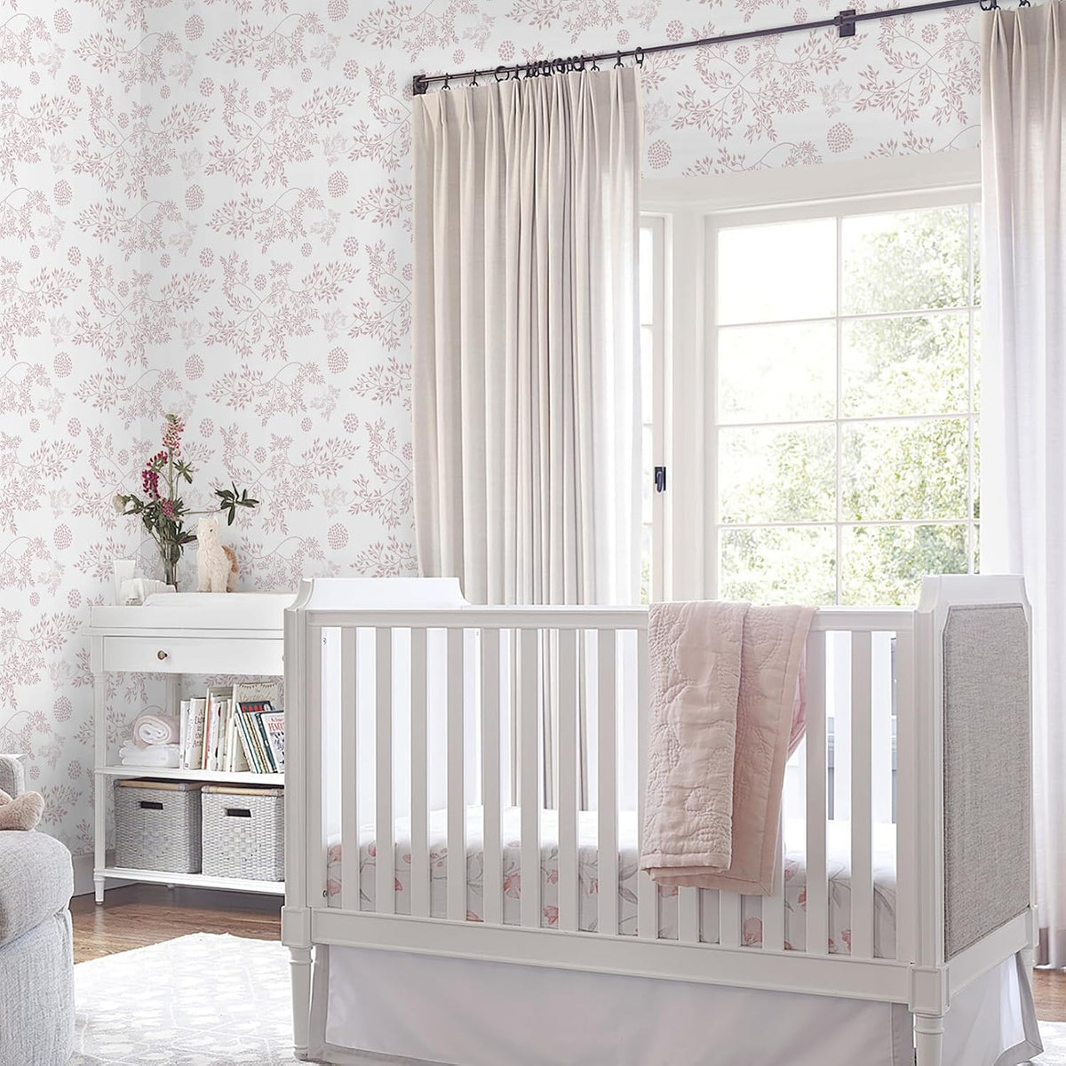 Heroad Boho Peel and Stick Wallpaper Pink Floral Contact Paper 17.3"x78.7" Leaf Wall Paper Removable Self Adhesive Wallpaper for Cabinet Bathroom Waterproof Nursery Decor Vinyl Papel Tapiz para Pared