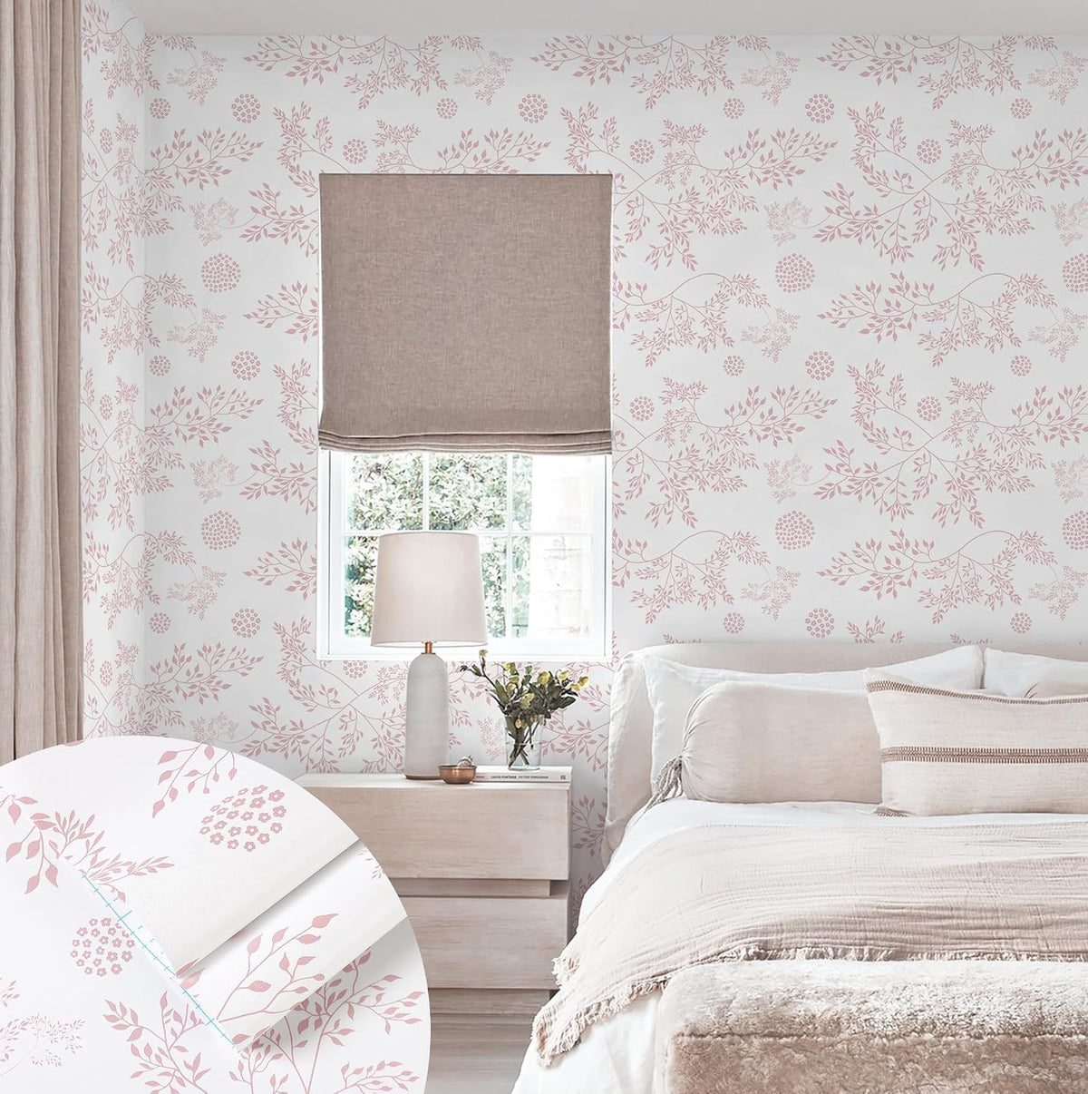 Heroad Boho Peel and Stick Wallpaper Pink Floral Contact Paper 17.3"x78.7" Leaf Wall Paper Removable Self Adhesive Wallpaper for Cabinet Bathroom Waterproof Nursery Decor Vinyl Papel Tapiz para Pared