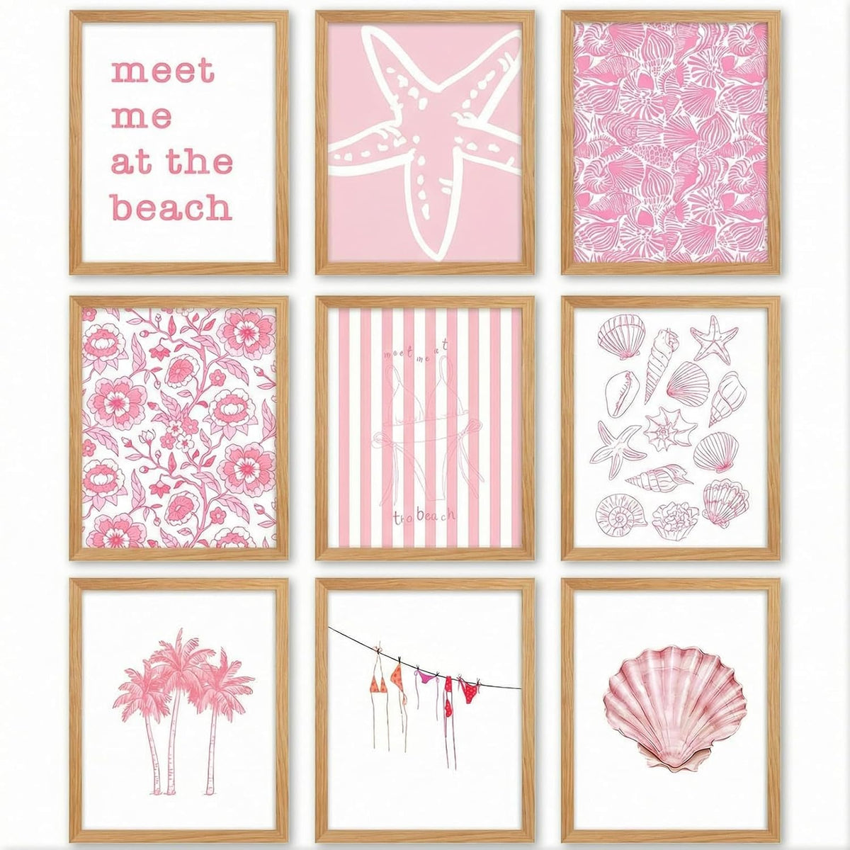 Fuyoooo 9 Sets Pink Coastal Poster Preppy Beach Themed Wall Art