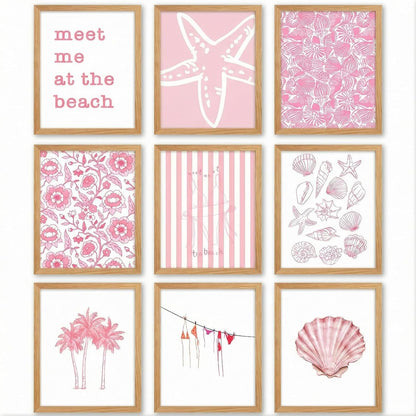 Fuyoooo 9 Sets Pink Coastal Poster Preppy Beach Themed Wall Art