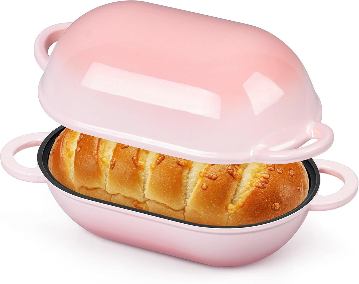 Enameled Cast Iron Dutch Oven for Bread Baking, 2.8 QT Oval Bread Oven Pot with Lid, 9.5 x 5.7 Inch Sourdough Loaf Baking Pan for Homemade Bread, Heavy Duty & Oven Safe, Pink