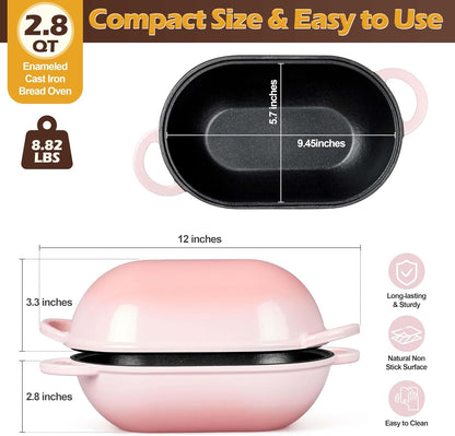 Enameled Cast Iron Dutch Oven for Bread Baking, 2.8 QT Oval Bread Oven Pot with Lid, 9.5 x 5.7 Inch Sourdough Loaf Baking Pan for Homemade Bread, Heavy Duty & Oven Safe, Pink