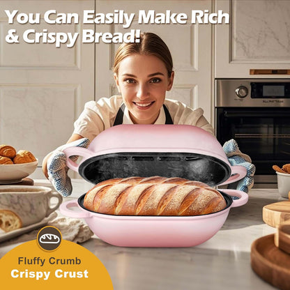 Enameled Cast Iron Dutch Oven for Bread Baking, 2.8 QT Oval Bread Oven Pot with Lid, 9.5 x 5.7 Inch Sourdough Loaf Baking Pan for Homemade Bread, Heavy Duty & Oven Safe, Pink