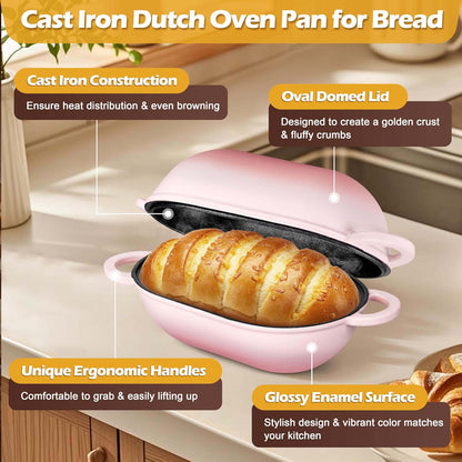 Enameled Cast Iron Dutch Oven for Bread Baking, 2.8 QT Oval Bread Oven Pot with Lid, 9.5 x 5.7 Inch Sourdough Loaf Baking Pan for Homemade Bread, Heavy Duty & Oven Safe, Pink