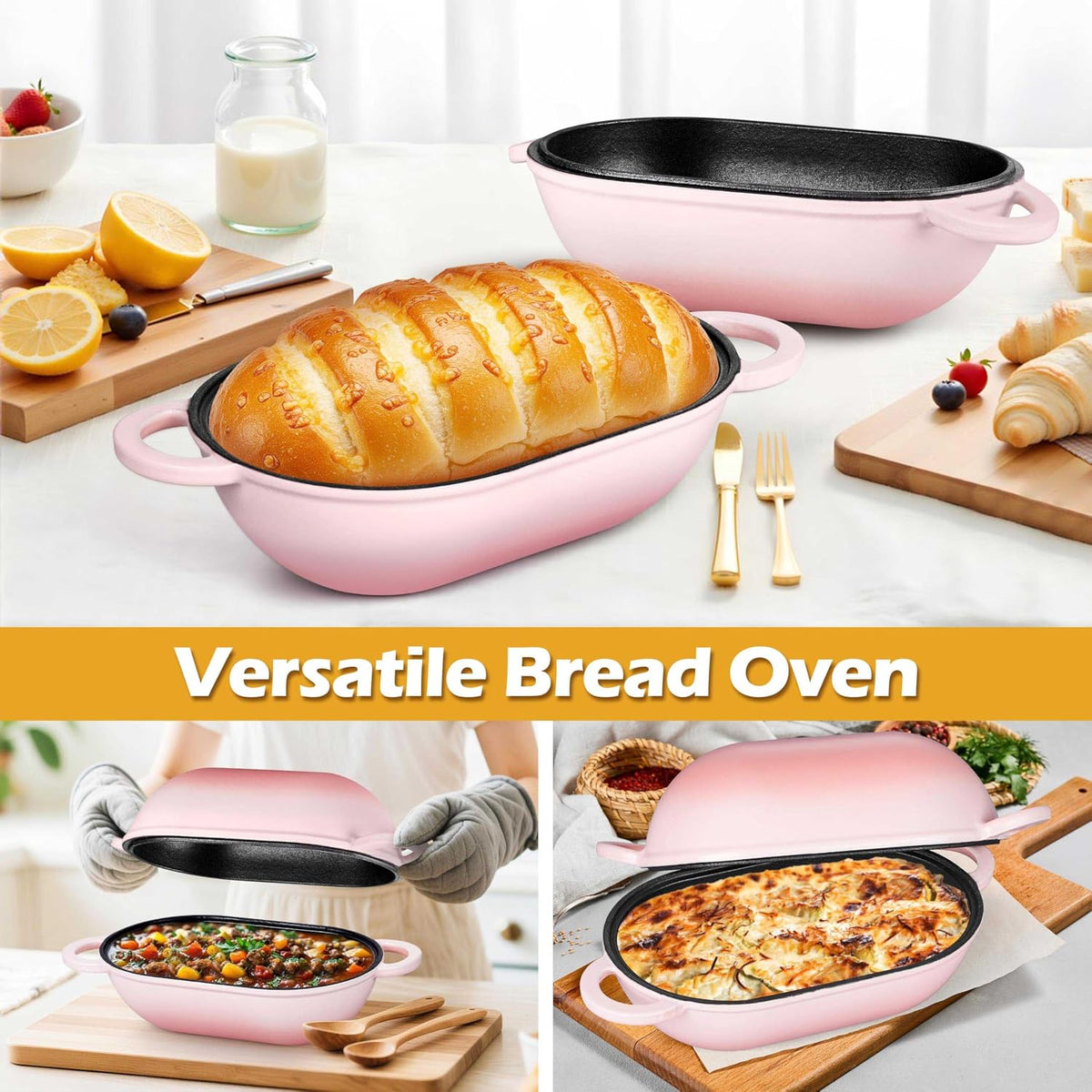 Enameled Cast Iron Dutch Oven for Bread Baking, 2.8 QT Oval Bread Oven Pot with Lid, 9.5 x 5.7 Inch Sourdough Loaf Baking Pan for Homemade Bread, Heavy Duty & Oven Safe, Pink