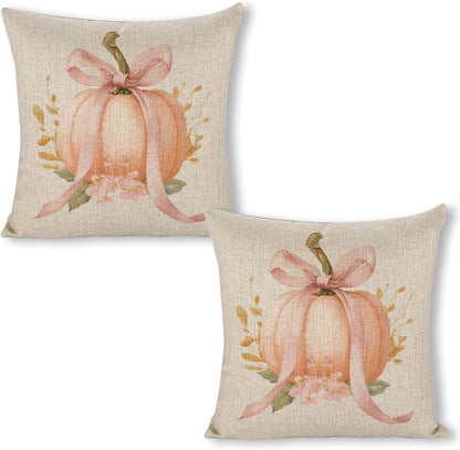Pastel Peach Pumpkin Large Pink Bow Pillow Covers 18x18 Set of 2, Throw Pillows Covers Linen Cushion Case for Couch Sofa Farmhouse Decor