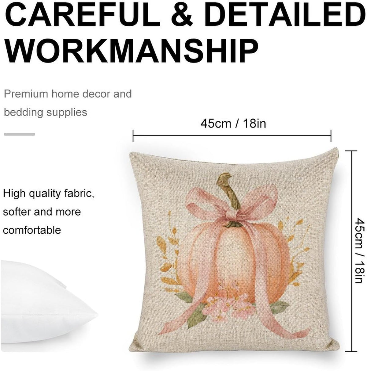 Pastel Peach Pumpkin Large Pink Bow Pillow Covers 18x18 Set of 2, Throw Pillows Covers Linen Cushion Case for Couch Sofa Farmhouse Decor
