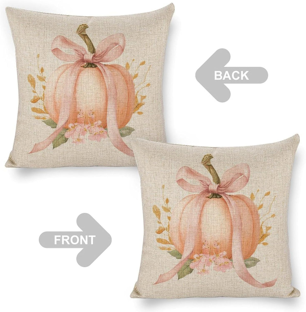 Pastel Peach Pumpkin Large Pink Bow Pillow Covers 18x18 Set of 2, Throw Pillows Covers Linen Cushion Case for Couch Sofa Farmhouse Decor