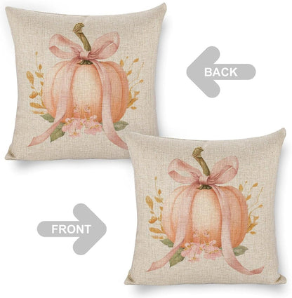 Pastel Peach Pumpkin Large Pink Bow Pillow Covers 18x18 Set of 2, Throw Pillows Covers Linen Cushion Case for Couch Sofa Farmhouse Decor