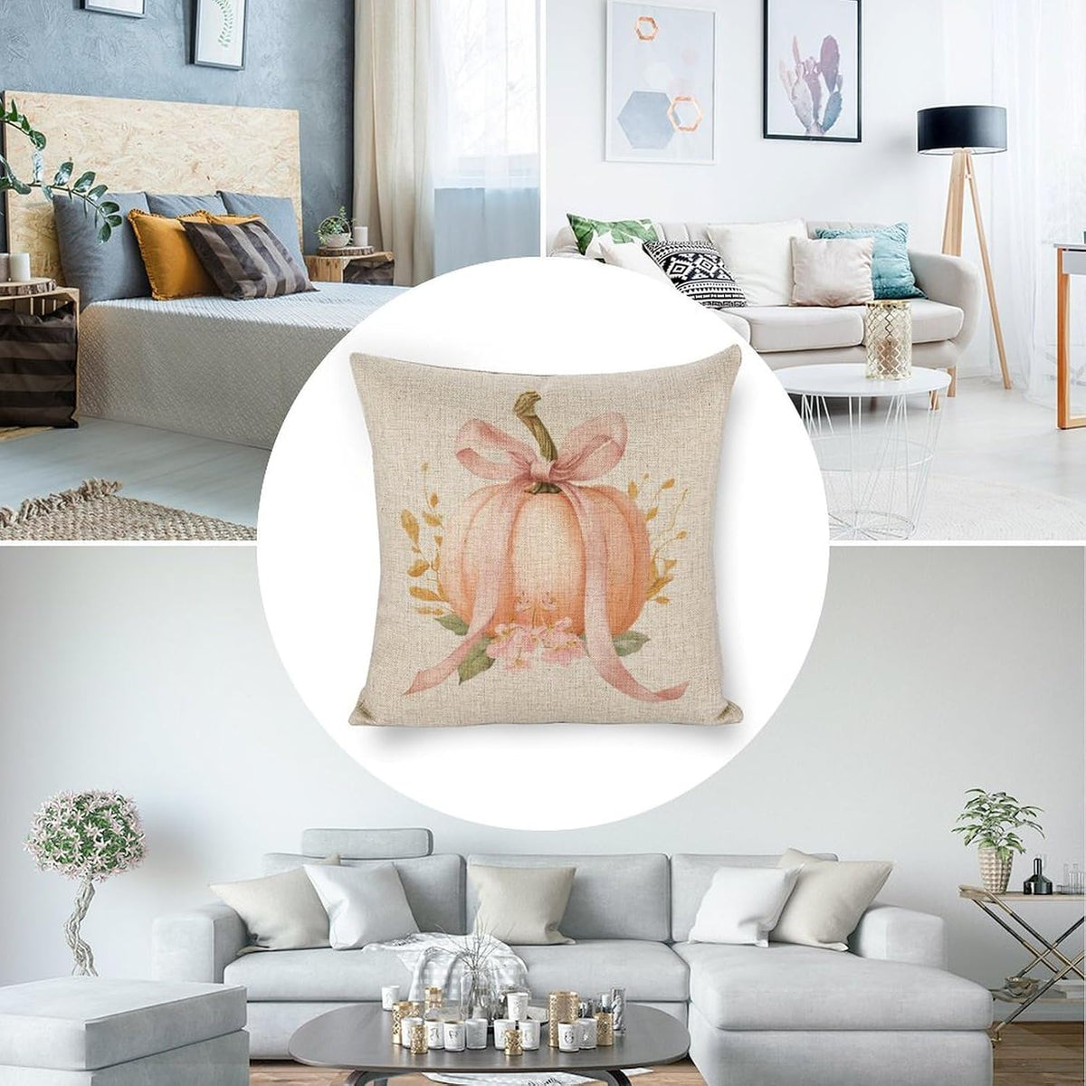 Pastel Peach Pumpkin Large Pink Bow Pillow Covers 18x18 Set of 2, Throw Pillows Covers Linen Cushion Case for Couch Sofa Farmhouse Decor