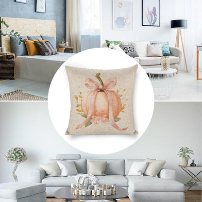 Pastel Peach Pumpkin Large Pink Bow Pillow Covers 18x18 Set of 2, Throw Pillows Covers Linen Cushion Case for Couch Sofa Farmhouse Decor