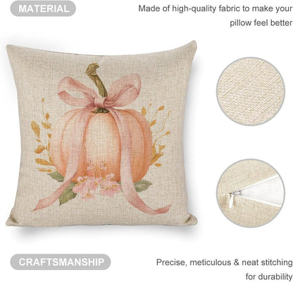 Pastel Peach Pumpkin Large Pink Bow Pillow Covers 18x18 Set of 2, Throw Pillows Covers Linen Cushion Case for Couch Sofa Farmhouse Decor