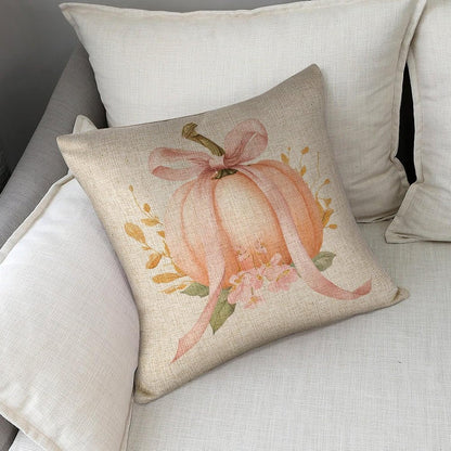 Pastel Peach Pumpkin Large Pink Bow Pillow Covers 18x18 Set of 2, Throw Pillows Covers Linen Cushion Case for Couch Sofa Farmhouse Decor