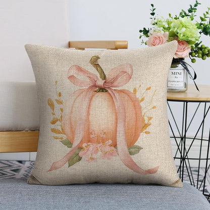 Pastel Peach Pumpkin Large Pink Bow Pillow Covers 18x18 Set of 2, Throw Pillows Covers Linen Cushion Case for Couch Sofa Farmhouse Decor