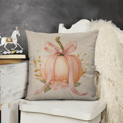 Pastel Peach Pumpkin Large Pink Bow Pillow Covers 18x18 Set of 2, Throw Pillows Covers Linen Cushion Case for Couch Sofa Farmhouse Decor