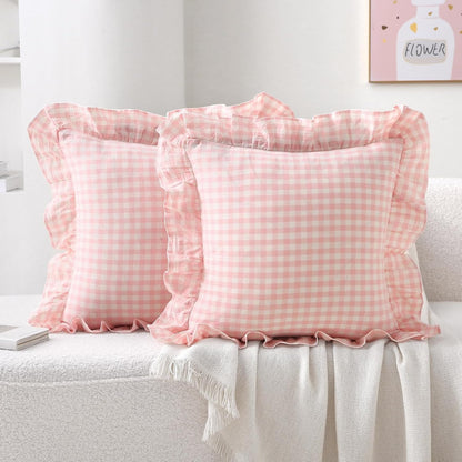 2 Pack Blush White Gingham Ruffle Throw Pillow Covers 18''x18''