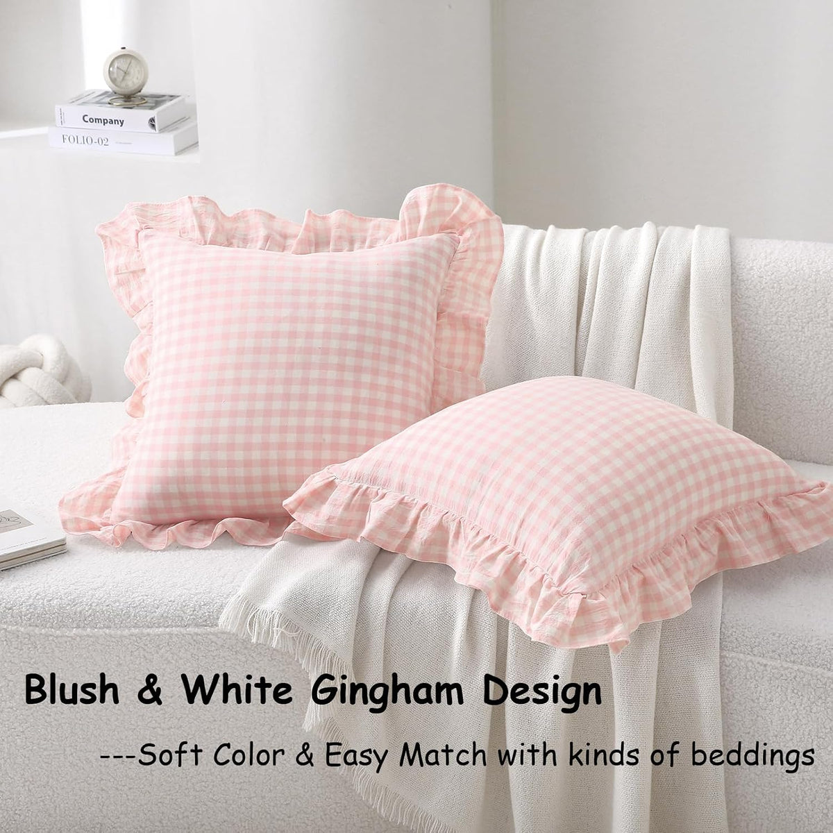 2 Pack Blush White Gingham Ruffle Throw Pillow Covers 18''x18''