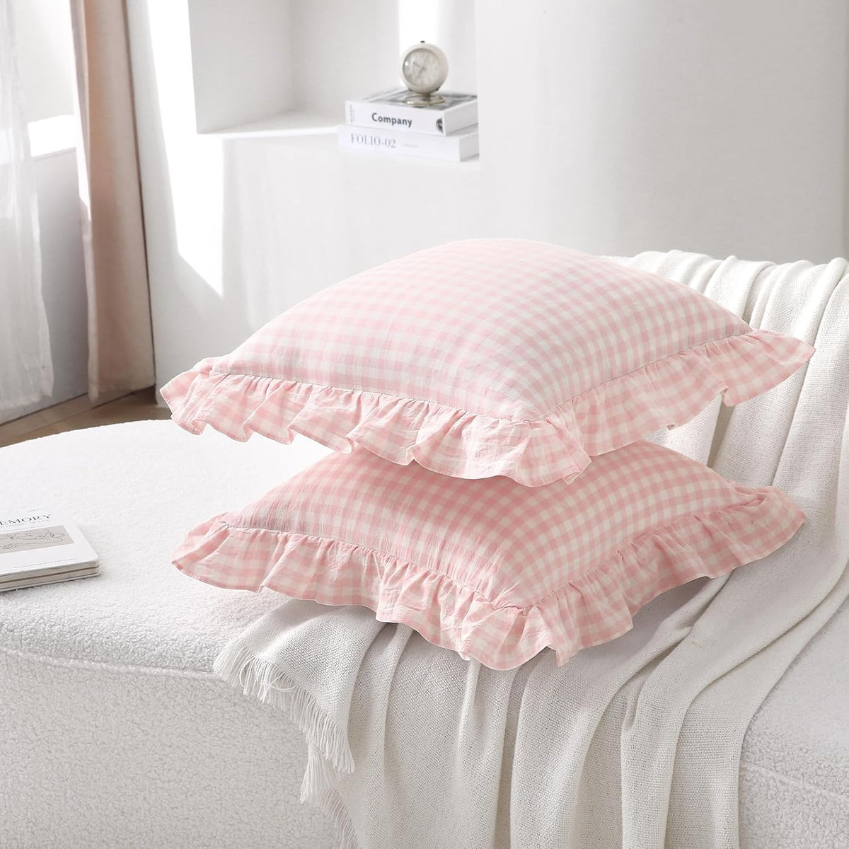 2 Pack Blush White Gingham Ruffle Throw Pillow Covers 18''x18''