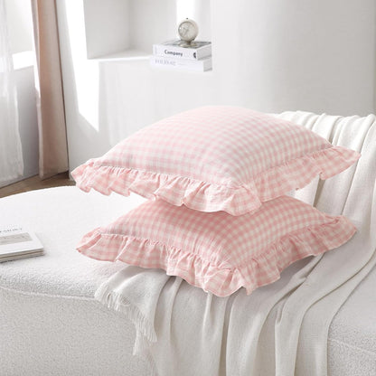 2 Pack Blush White Gingham Ruffle Throw Pillow Covers 18''x18''