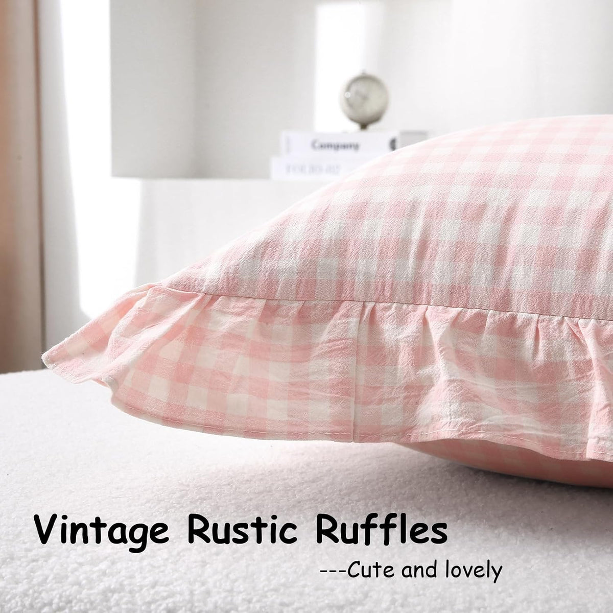 2 Pack Blush White Gingham Ruffle Throw Pillow Covers 18''x18''