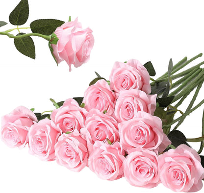 12PCS Artificial Silk Flowers Realistic Roses Bouquet Long Stem for Home Wedding Decoration Party (Pink, 12Pcs Flowers)