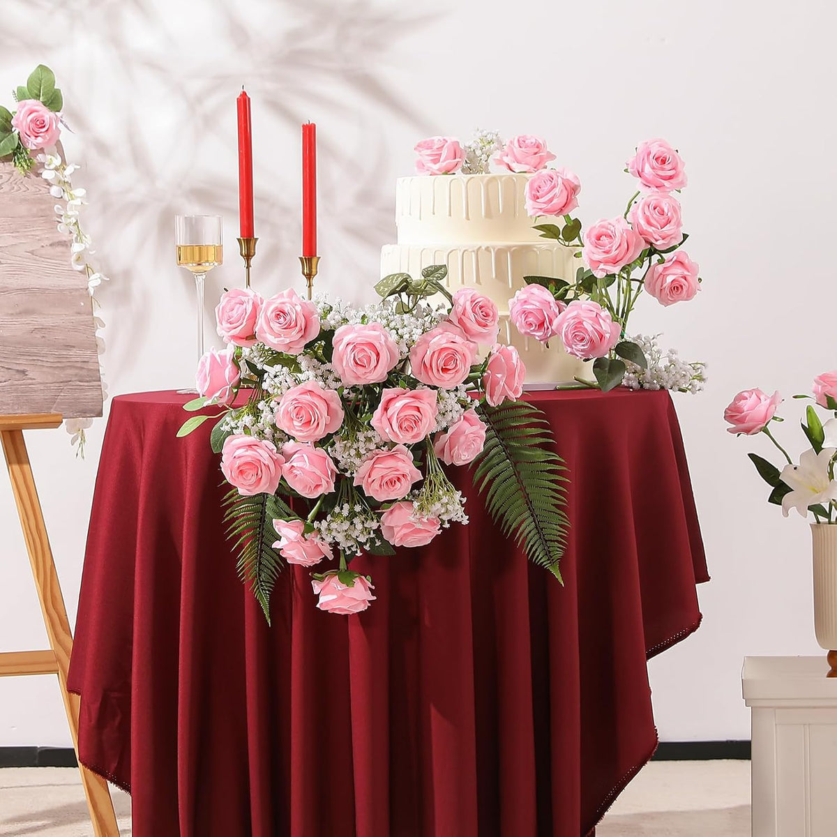 12PCS Artificial Silk Flowers Realistic Roses Bouquet Long Stem for Home Wedding Decoration Party (Pink, 12Pcs Flowers)