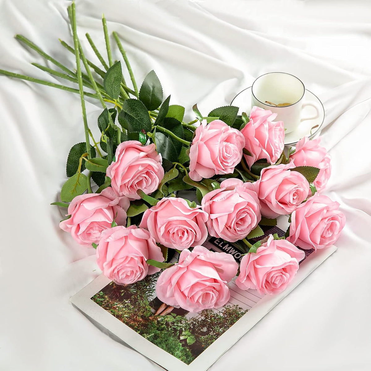 12PCS Artificial Silk Flowers Realistic Roses Bouquet Long Stem for Home Wedding Decoration Party (Pink, 12Pcs Flowers)