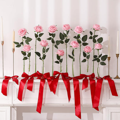 12PCS Artificial Silk Flowers Realistic Roses Bouquet Long Stem for Home Wedding Decoration Party (Pink, 12Pcs Flowers)
