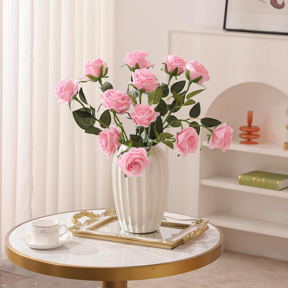 12PCS Artificial Silk Flowers Realistic Roses Bouquet Long Stem for Home Wedding Decoration Party (Pink, 12Pcs Flowers)
