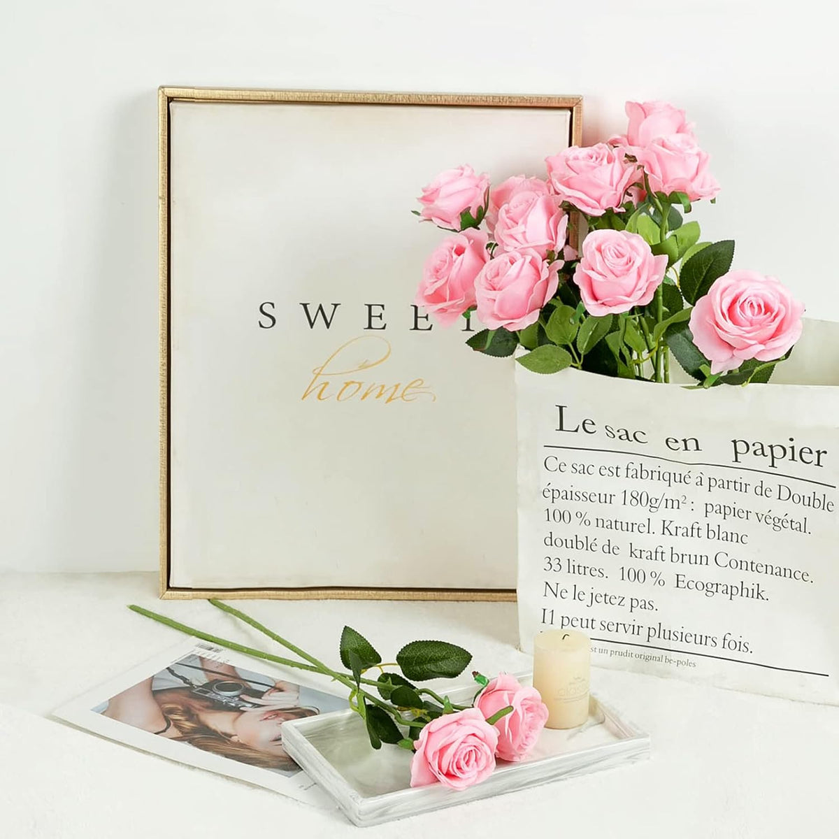 12PCS Artificial Silk Flowers Realistic Roses Bouquet Long Stem for Home Wedding Decoration Party (Pink, 12Pcs Flowers)