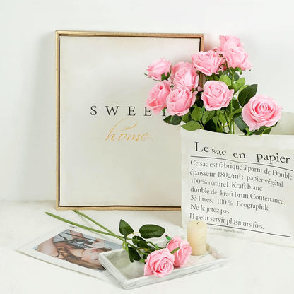 12PCS Artificial Silk Flowers Realistic Roses Bouquet Long Stem for Home Wedding Decoration Party (Pink, 12Pcs Flowers)