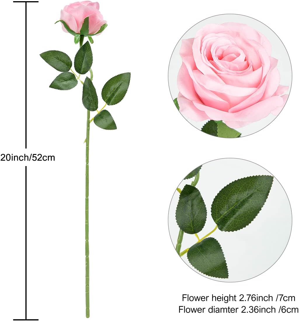 12PCS Artificial Silk Flowers Realistic Roses Bouquet Long Stem for Home Wedding Decoration Party (Pink, 12Pcs Flowers)