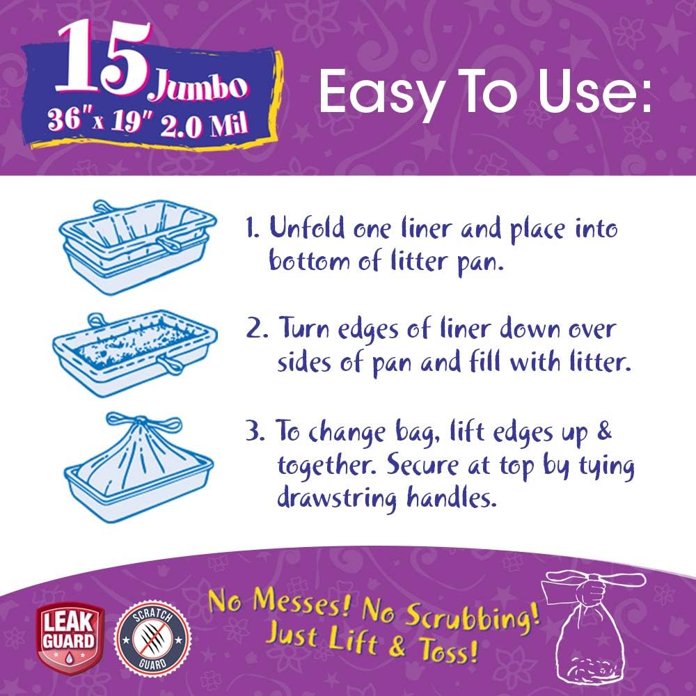 15 Count Fresh Kitty Litter Box Liners Super Thick, Durable, Easy Clean Up Jumbo Drawstring Scented Litter Pan Box Liners, Bags for Pet Cats