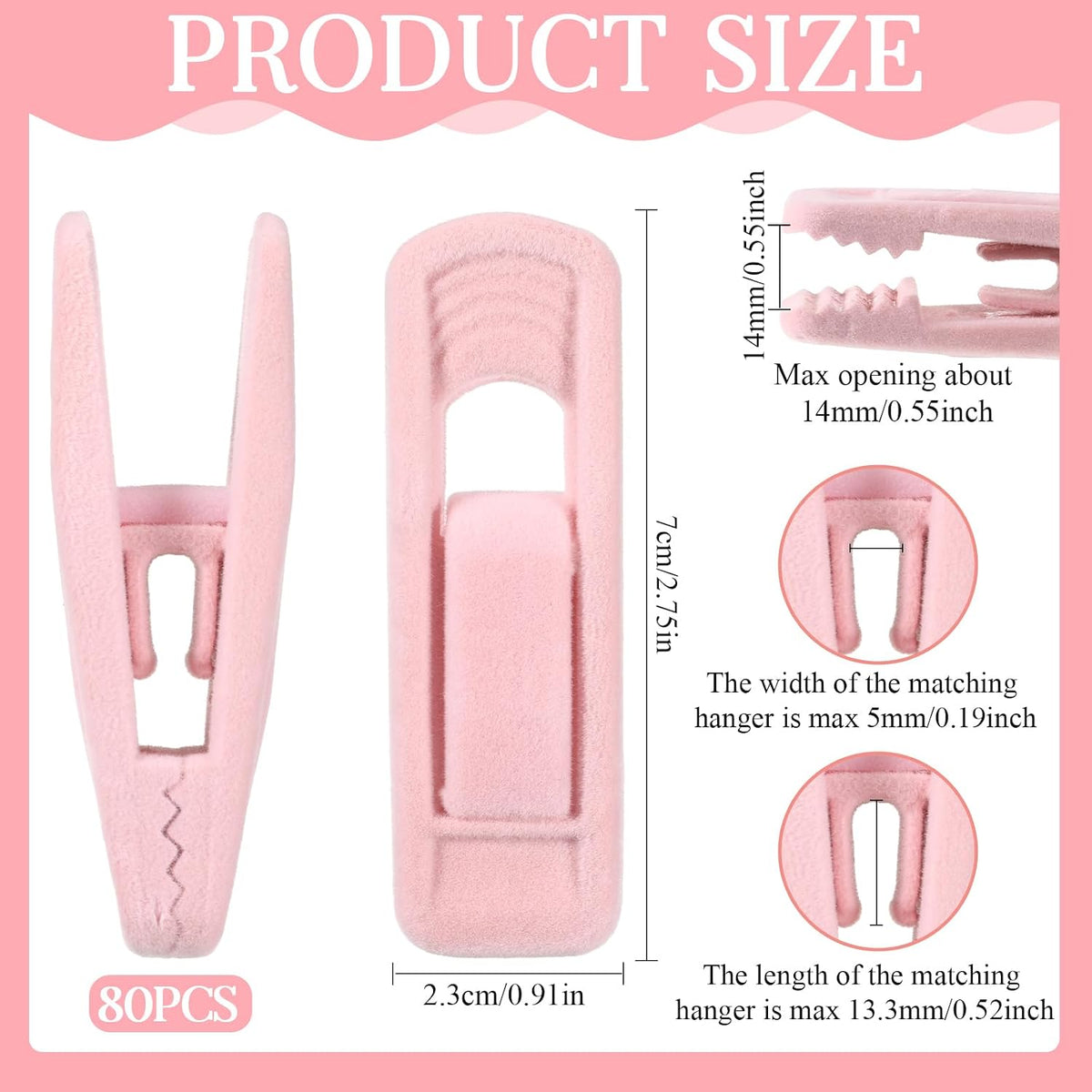 Pink Velvet Hangers Clips, 80 Pack Strong Finger Clips