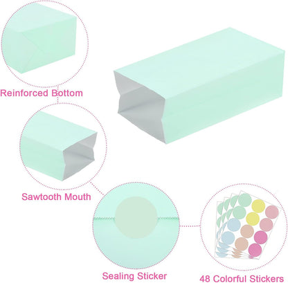 30 Pack Pastel Gift Candy Paper Bags with Stickers 5.1 x 3.1 x 9.4 Inches Snack Sweet Craft Bags for Birthday Wedding Party Anniversaries with 48 Stickers