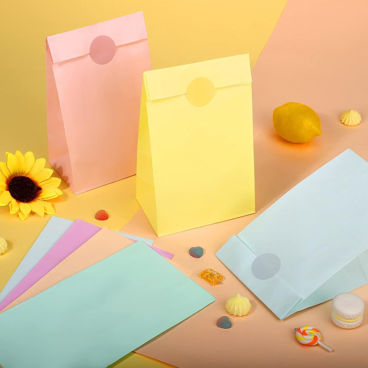 30 Pack Pastel Gift Candy Paper Bags with Stickers 5.1 x 3.1 x 9.4 Inches Snack Sweet Craft Bags for Birthday Wedding Party Anniversaries with 48 Stickers