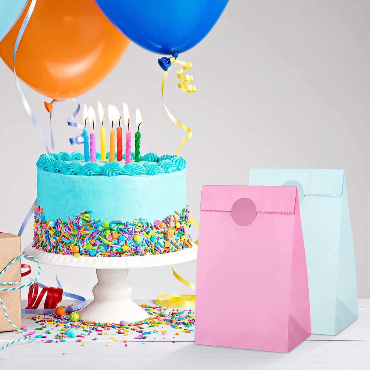 30 Pack Pastel Gift Candy Paper Bags with Stickers 5.1 x 3.1 x 9.4 Inches Snack Sweet Craft Bags for Birthday Wedding Party Anniversaries with 48 Stickers
