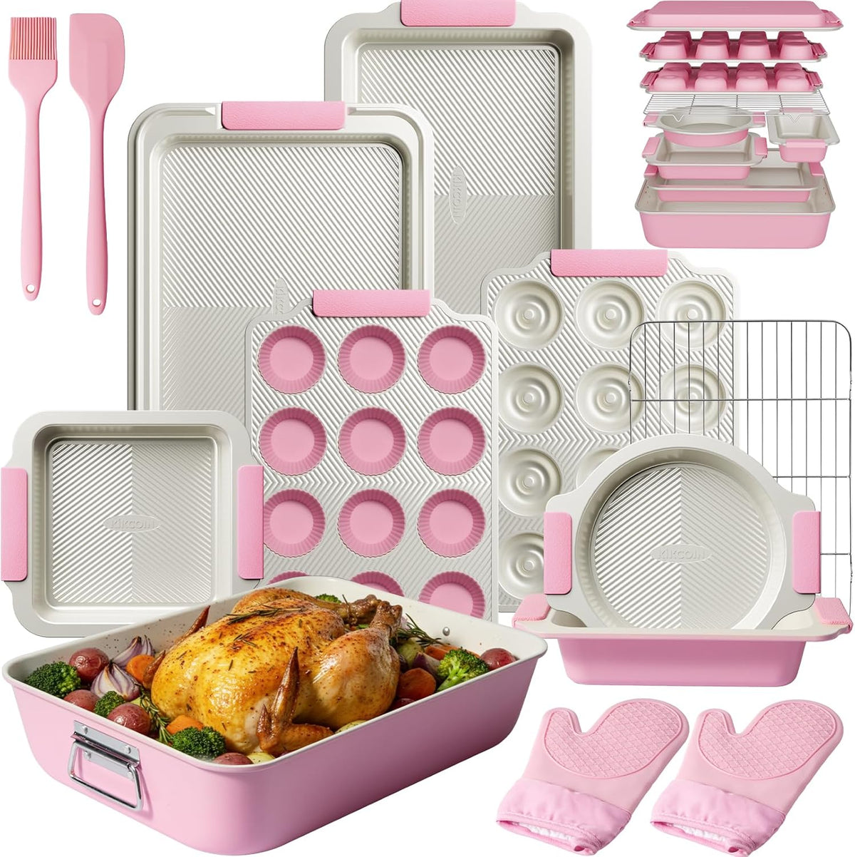 25-Piece Nonstick Baking Pans Set with Large Turkey Roasting Pan, Stackable Bakeware Set, 450°F Oven Safe Baking Sheet Set with Silicone Handles, Carbon Steel Cookie Sheets for Baking, Pink