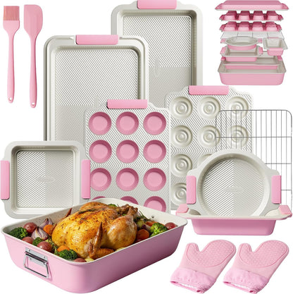 25-Piece Nonstick Baking Pans Set with Large Turkey Roasting Pan, Stackable Bakeware Set, 450°F Oven Safe Baking Sheet Set with Silicone Handles, Carbon Steel Cookie Sheets for Baking, Pink