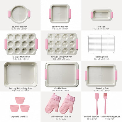 25-Piece Nonstick Baking Pans Set with Large Turkey Roasting Pan, Stackable Bakeware Set, 450°F Oven Safe Baking Sheet Set with Silicone Handles, Carbon Steel Cookie Sheets for Baking, Pink