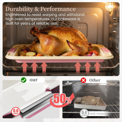 25-Piece Nonstick Baking Pans Set with Large Turkey Roasting Pan, Stackable Bakeware Set, 450°F Oven Safe Baking Sheet Set with Silicone Handles, Carbon Steel Cookie Sheets for Baking, Pink