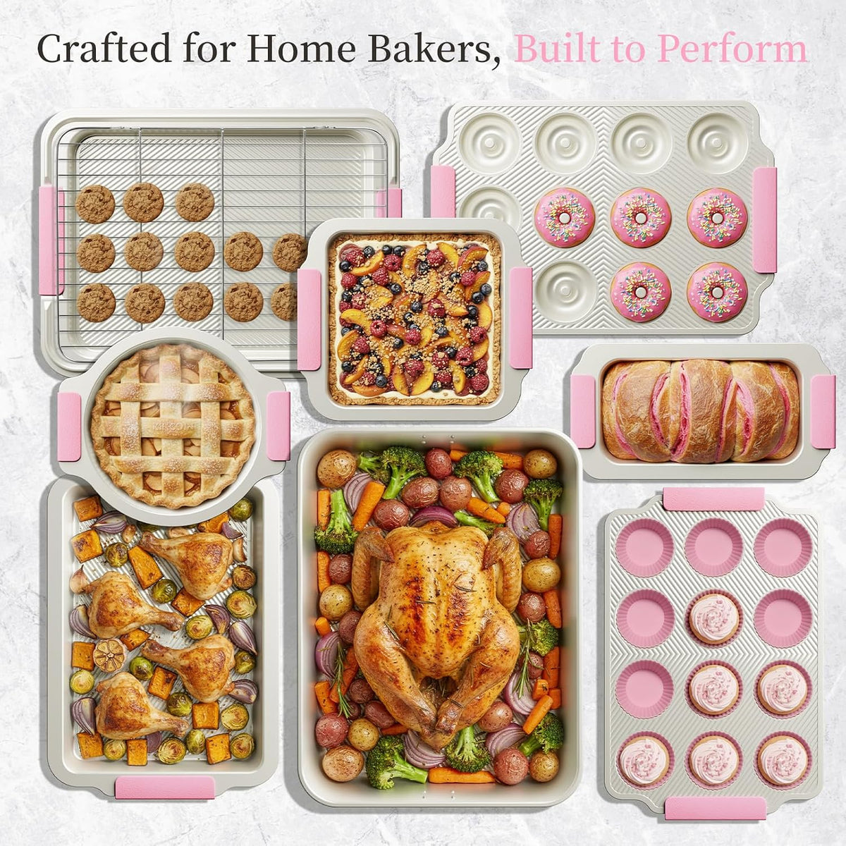 25-Piece Nonstick Baking Pans Set with Large Turkey Roasting Pan, Stackable Bakeware Set, 450°F Oven Safe Baking Sheet Set with Silicone Handles, Carbon Steel Cookie Sheets for Baking, Pink