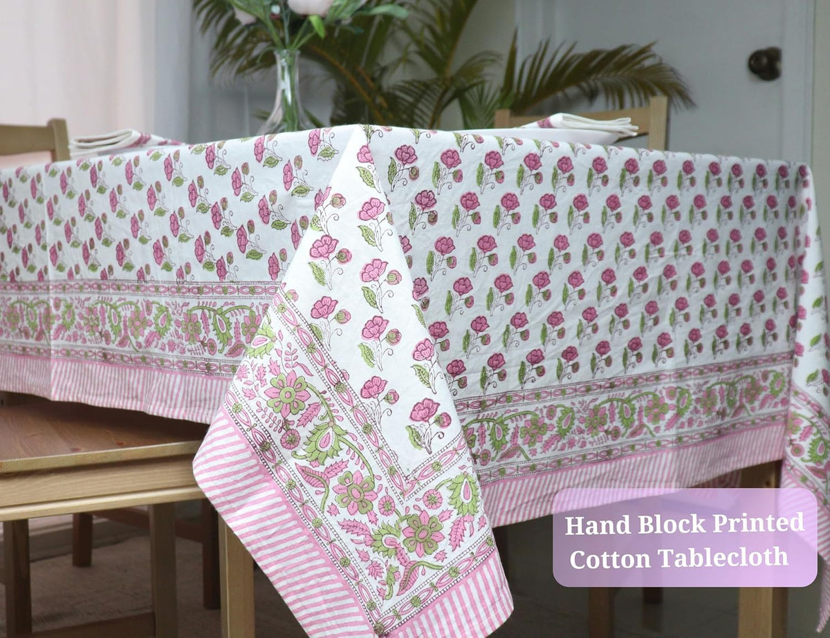 Block Print Table Cloth- 60x120 Inch Rectangle 100% Cotton Handmade Pre-Shrink, Washable for Spring, Kitchen & Dining Perfect for Patio, Indoor & Outdoor, Farmhouse