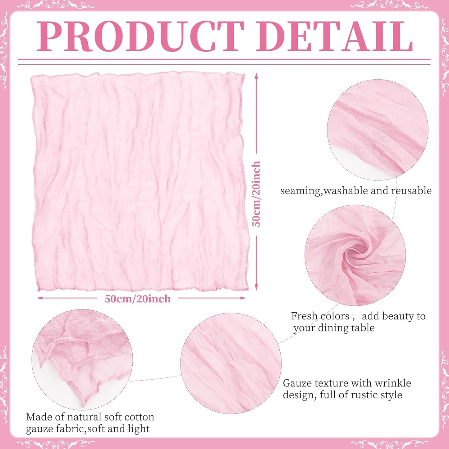 42 Pcs Light Pink Gauze Cheesecloth Napkins, 20 x 20 Inch Wrinkled Rustic Boho Dinner Napkins for Wedding,Dinner,Family Everyday Use/Parties