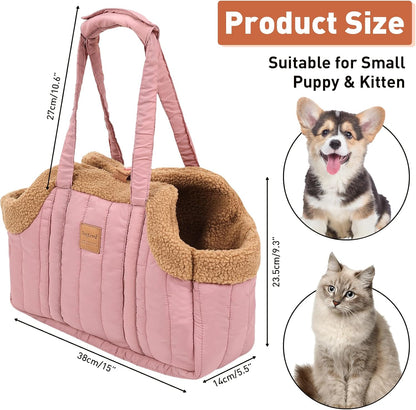 ETIAL Small Dog Carrier Purse, Winter Fleece Warm Dog Tote Bag Carrier with Secure Harness Clip for Puppy Kitten, Waterproof Pet Travel Handbag for Shopping, Hiking and Walking (Pink)