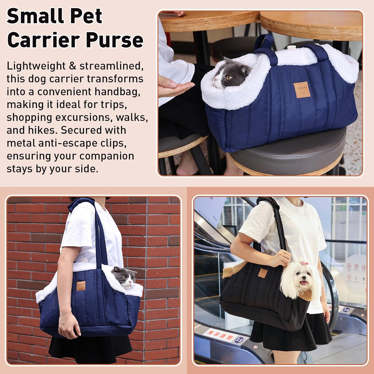 ETIAL Small Dog Carrier Purse, Winter Fleece Warm Dog Tote Bag Carrier with Secure Harness Clip for Puppy Kitten, Waterproof Pet Travel Handbag for Shopping, Hiking and Walking (Pink)