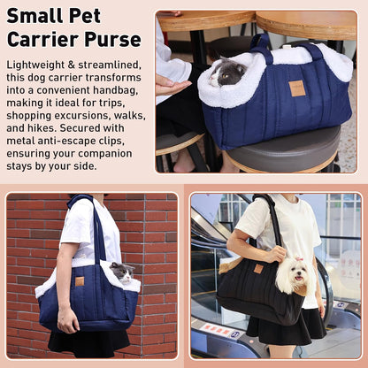 ETIAL Small Dog Carrier Purse, Winter Fleece Warm Dog Tote Bag Carrier with Secure Harness Clip for Puppy Kitten, Waterproof Pet Travel Handbag for Shopping, Hiking and Walking (Pink)