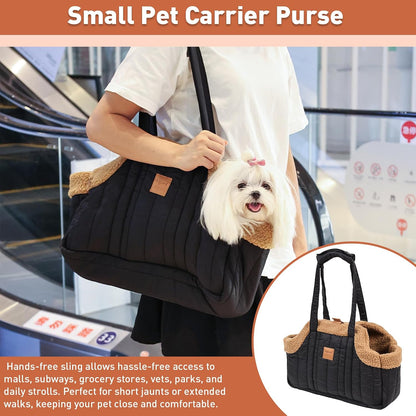 ETIAL Small Dog Carrier Purse, Winter Fleece Warm Dog Tote Bag Carrier with Secure Harness Clip for Puppy Kitten, Waterproof Pet Travel Handbag for Shopping, Hiking and Walking (Pink)