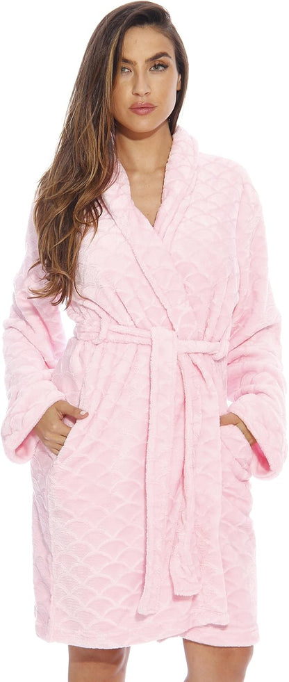 Women's Plush Fleece Bathrobe, Shawl Collar Jacquard Robe with Tie Belt